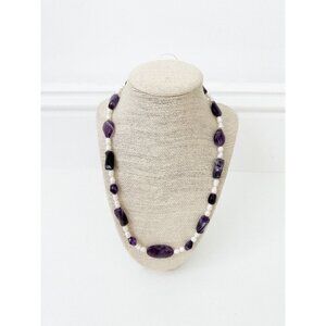 NWT Genuine Amethyst & Pearls Necklace Purple White Beaded